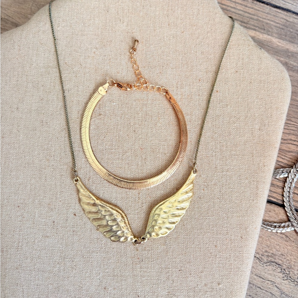 Gold Winged Necklace and Bracelet Set